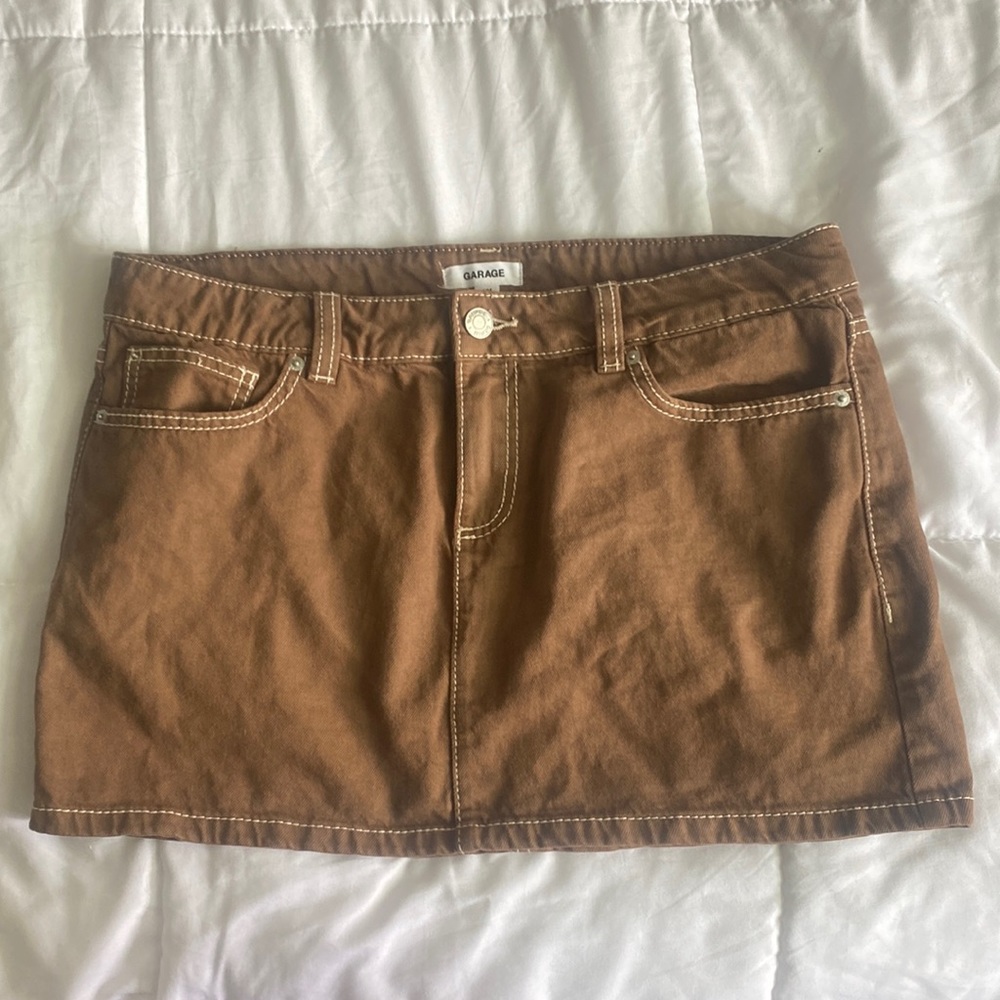 NWOT DENIM MINI SKIRT BROWN BRAND NEW MEDIUM, CONTRAST STITCHING